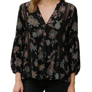 Free People Black with Embroidered Floral "Just the Two of Us" Tunic Blouse